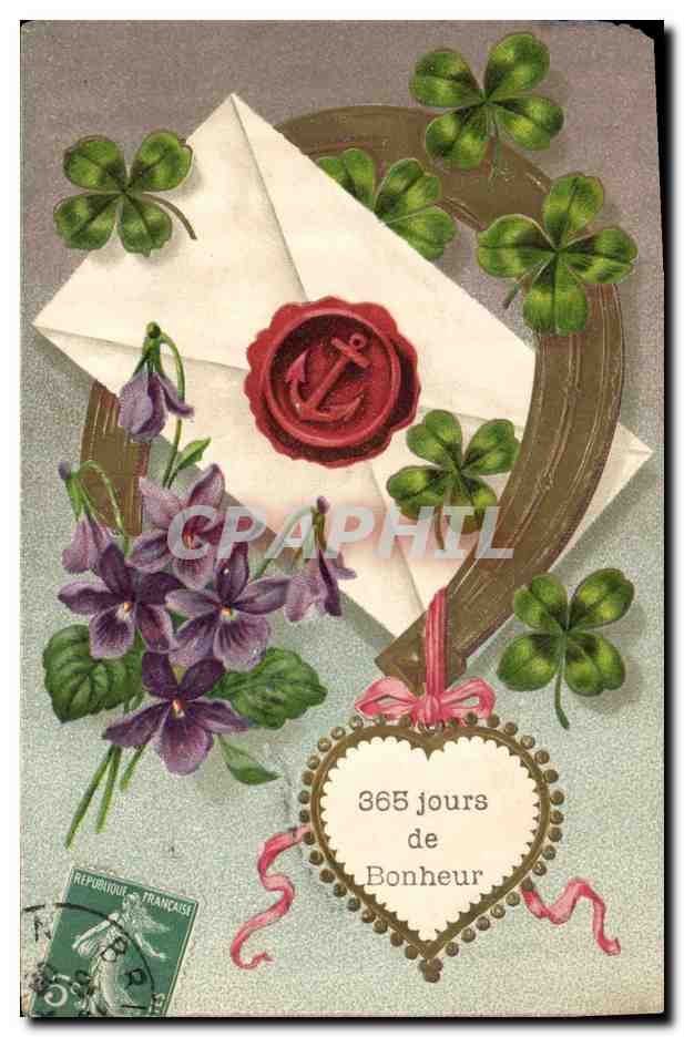 CPA Fantaisie Fleurs Ancre de marine Fer a cheval Trefles 