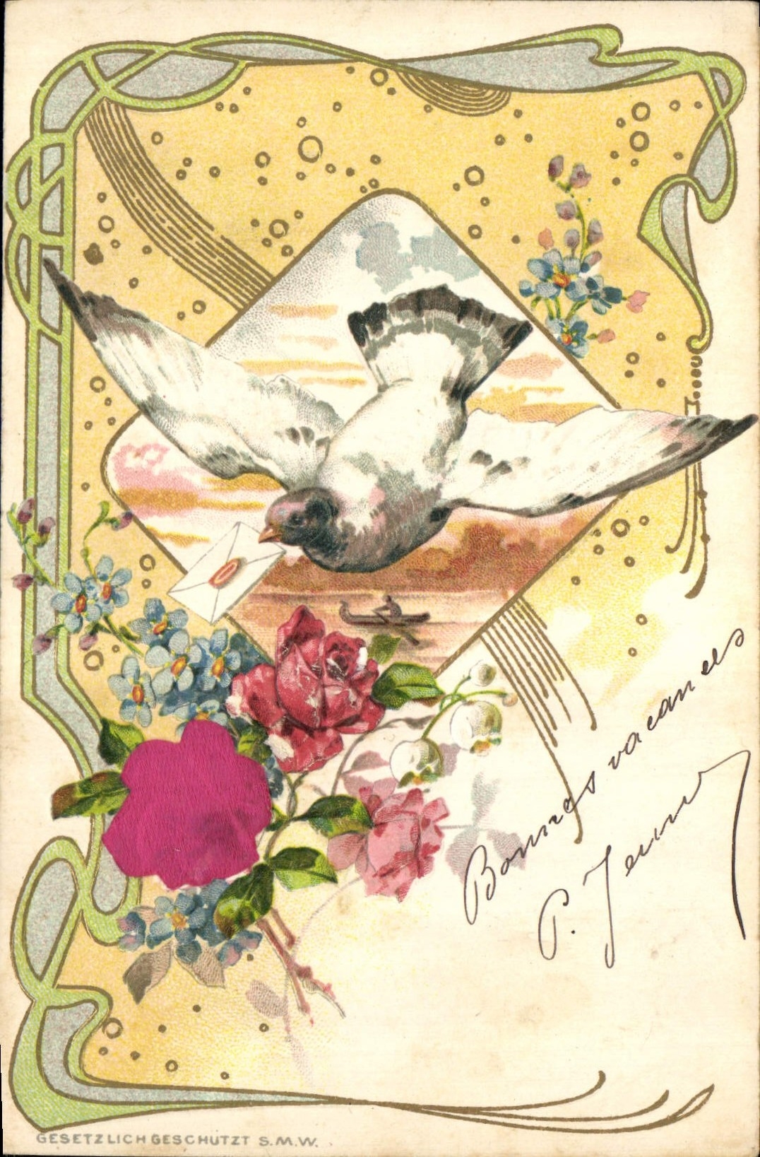 Ave portando una carta — Buenas vacaciones — S.M.W. No. 191 - Anverso