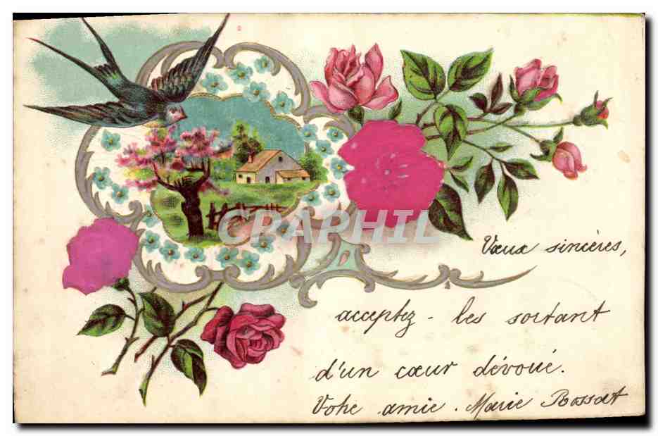 CPA Fantaisie Fleurs Hirondelle 