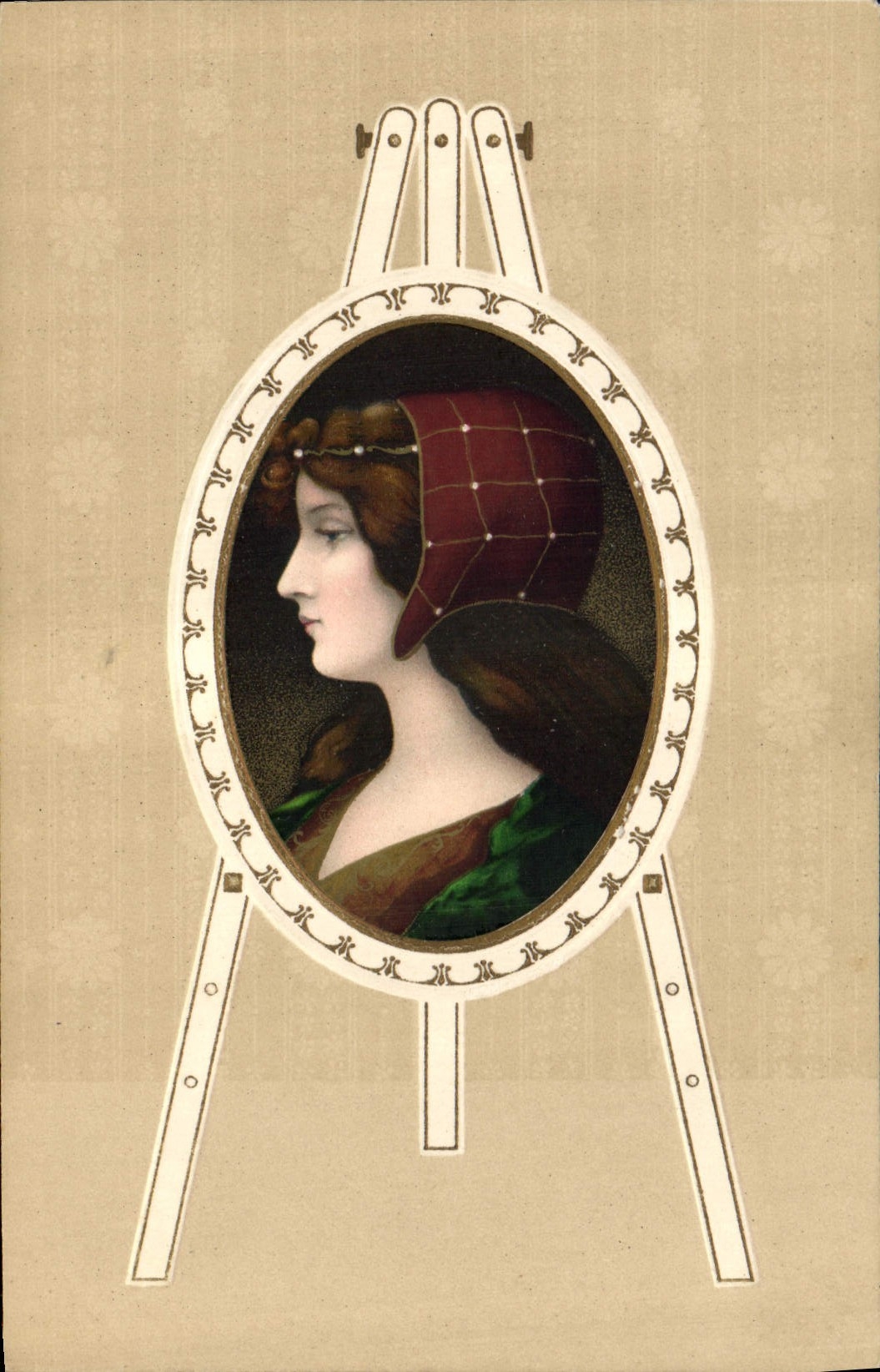 Jeune femme en coiffe rouge — portrait en médaillon — éditeur Weigand & Buch, Leipzig