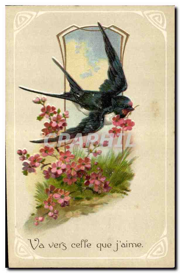 CPA Fantaisie Fleurs Hirondelle 