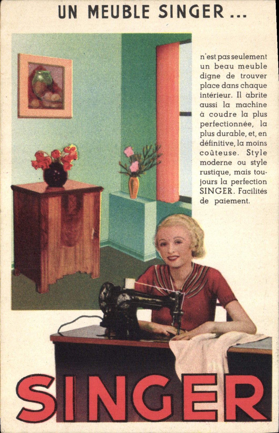 CPA Femme Un meuble Singer Machine a coudre
