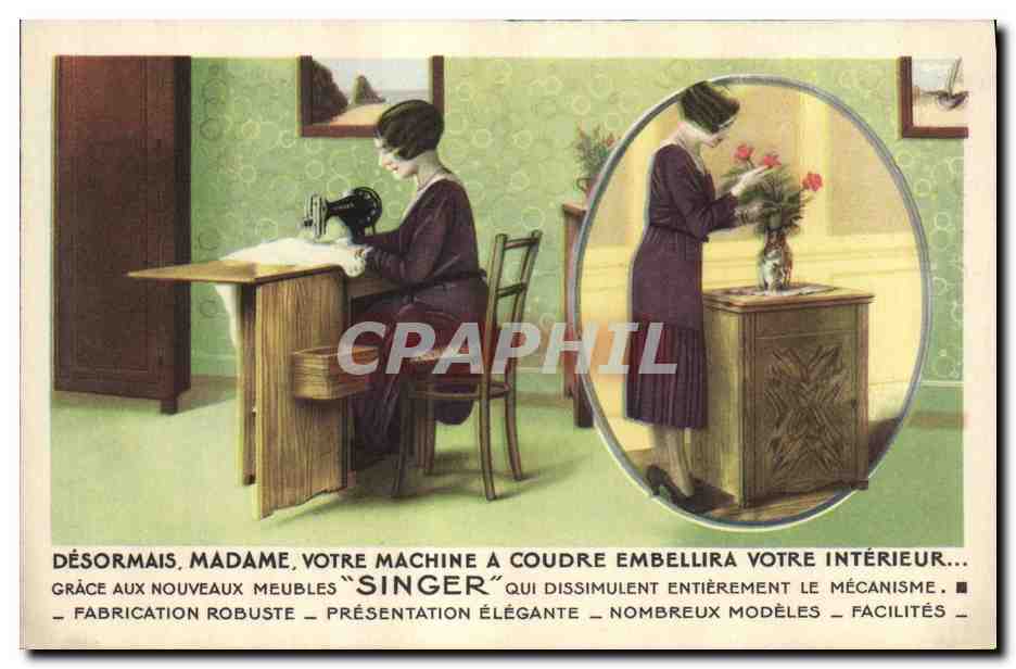 Femme à la machine à coudre Singer — publicité pour meubles intégrant la machine — Cie Singer, Marseille
