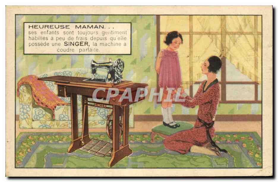Maman heureuse avec sa machine à coudre Singer — publicité — Cie Singer, Marseille