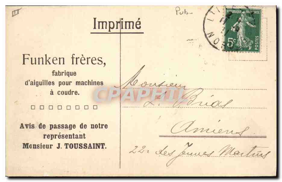 CPA Aachen Frankenburg Publicite Funken Freres Fabrique d'aiguilles pour machines a coudre M Toussaint  — Rückseite