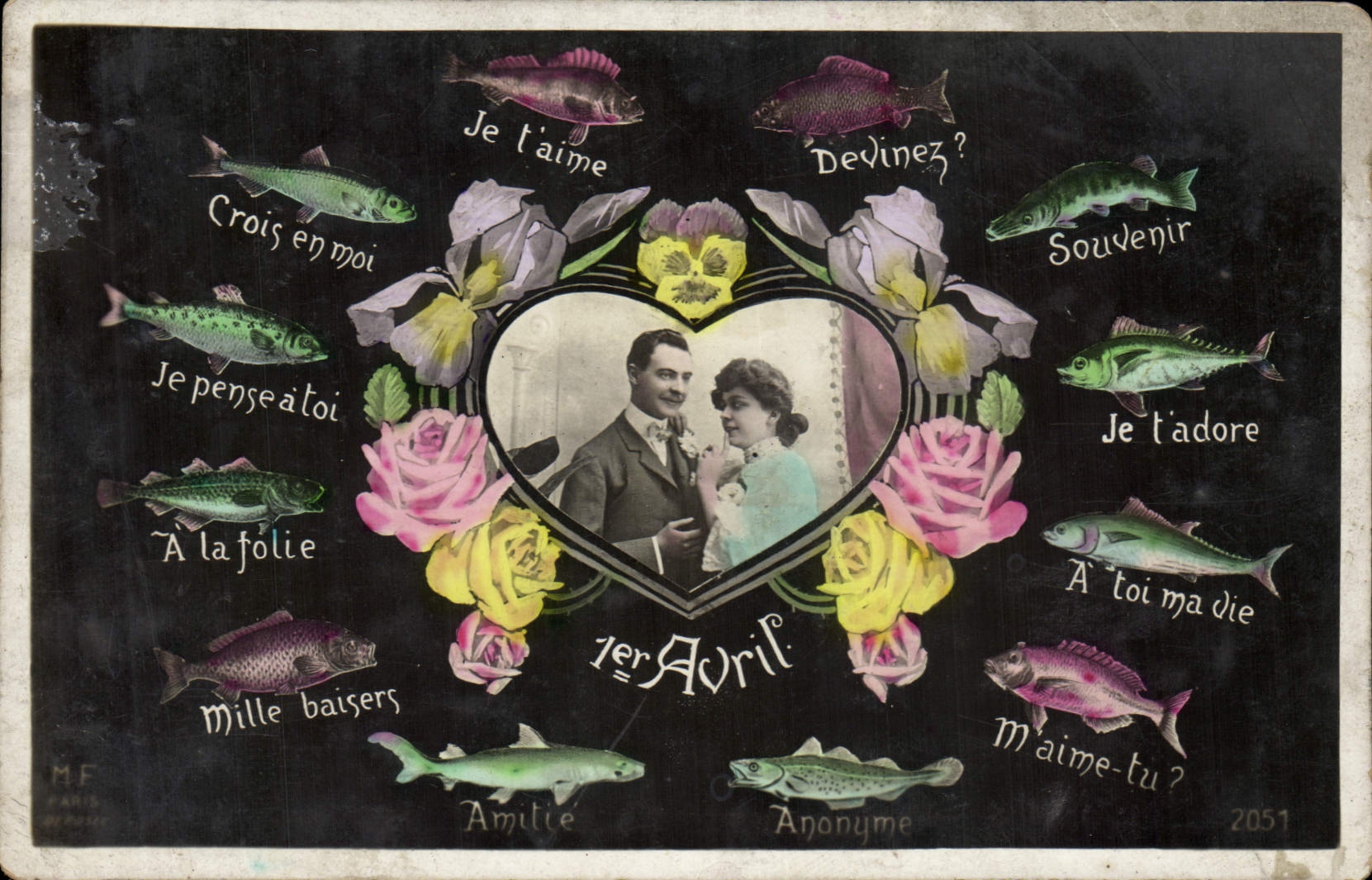 Carte postale amoureuse avec poissons et fleurs — éditeur MF, Paris, n° 2051