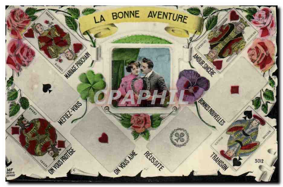 La Bonne Aventure — Carte de vœux avec motifs de cartes à jouer et roses — MF DARIUS BERGERON