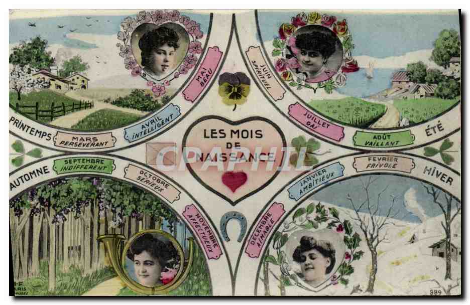 Les Mois de Naissance — Carte illustrée avec portraits et caractéristiques mensuelles — Paris, n° 889