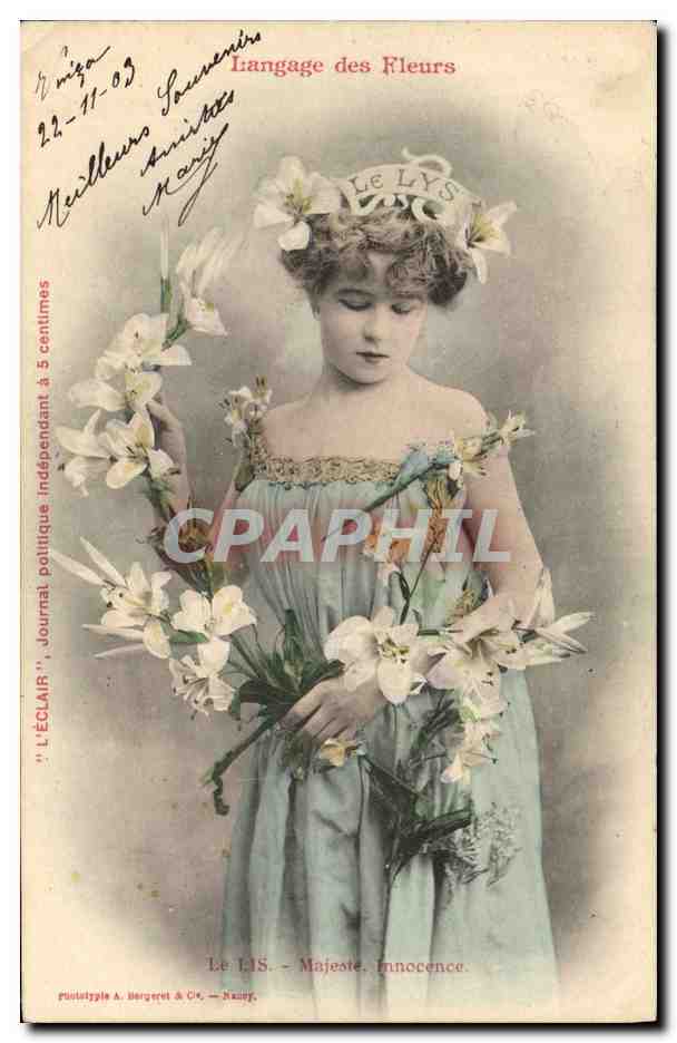 CPA Fantaisie Le langage des Fleurs Le Lis Majeste Innocence 