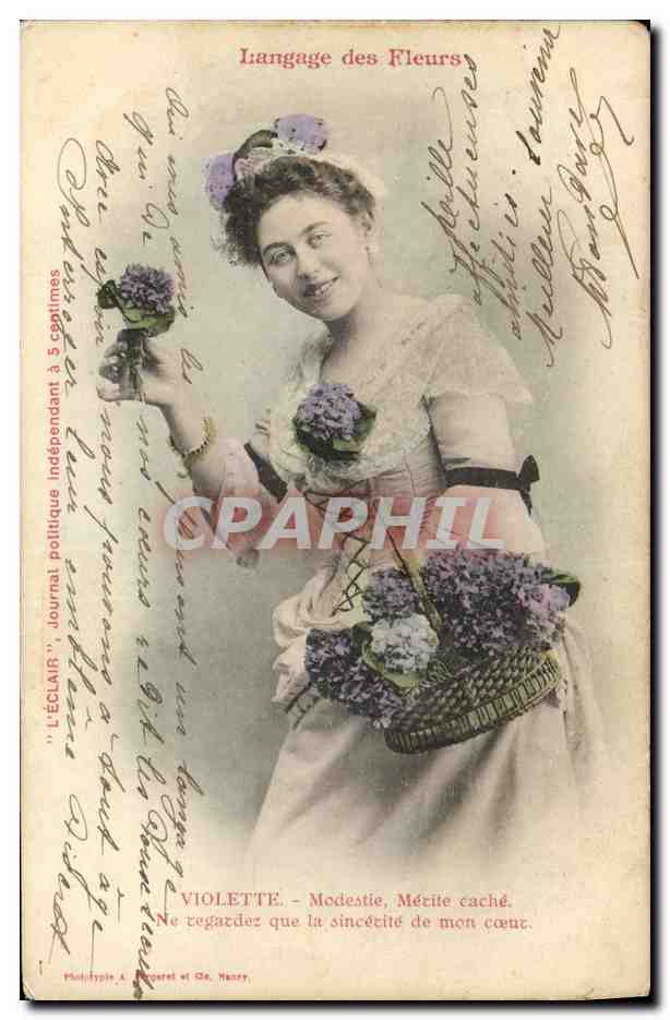 CPA Fantaisie Le langage des Fleurs Violette Modestie Merite cache 