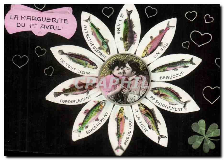 CPA Fantaisie Femme Marguerite Poissons 1er Avril Trefle 