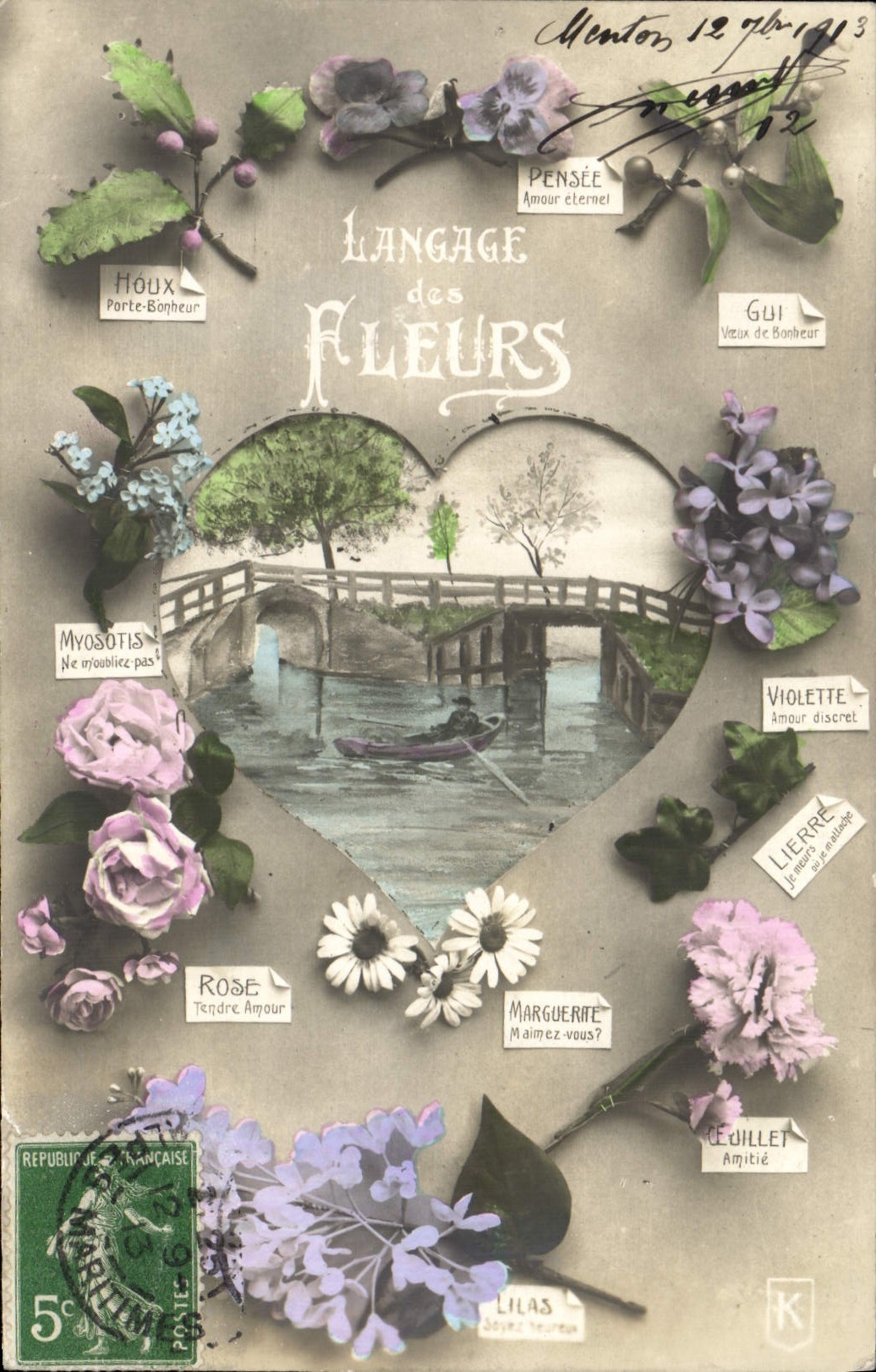 Langage des Fleurs — Carte illustrée avec bouquet de fleurs et illustration de pont — éditeur K