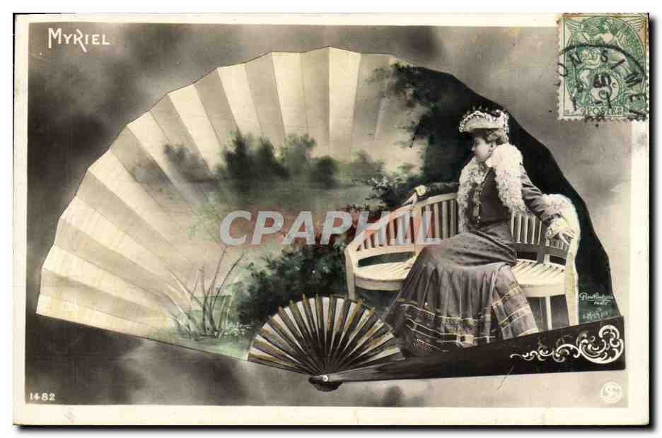 Femme assise sur un banc — scène de jardin — éditeur Myriel, n° 14.82