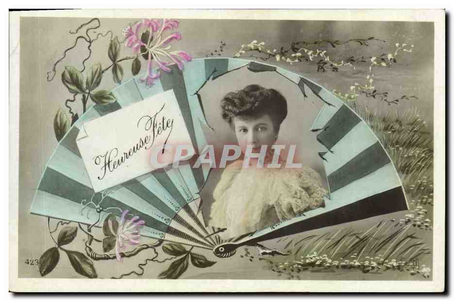 Femme au fan — Heureuse Fête — éditeur anonyme, n° 423