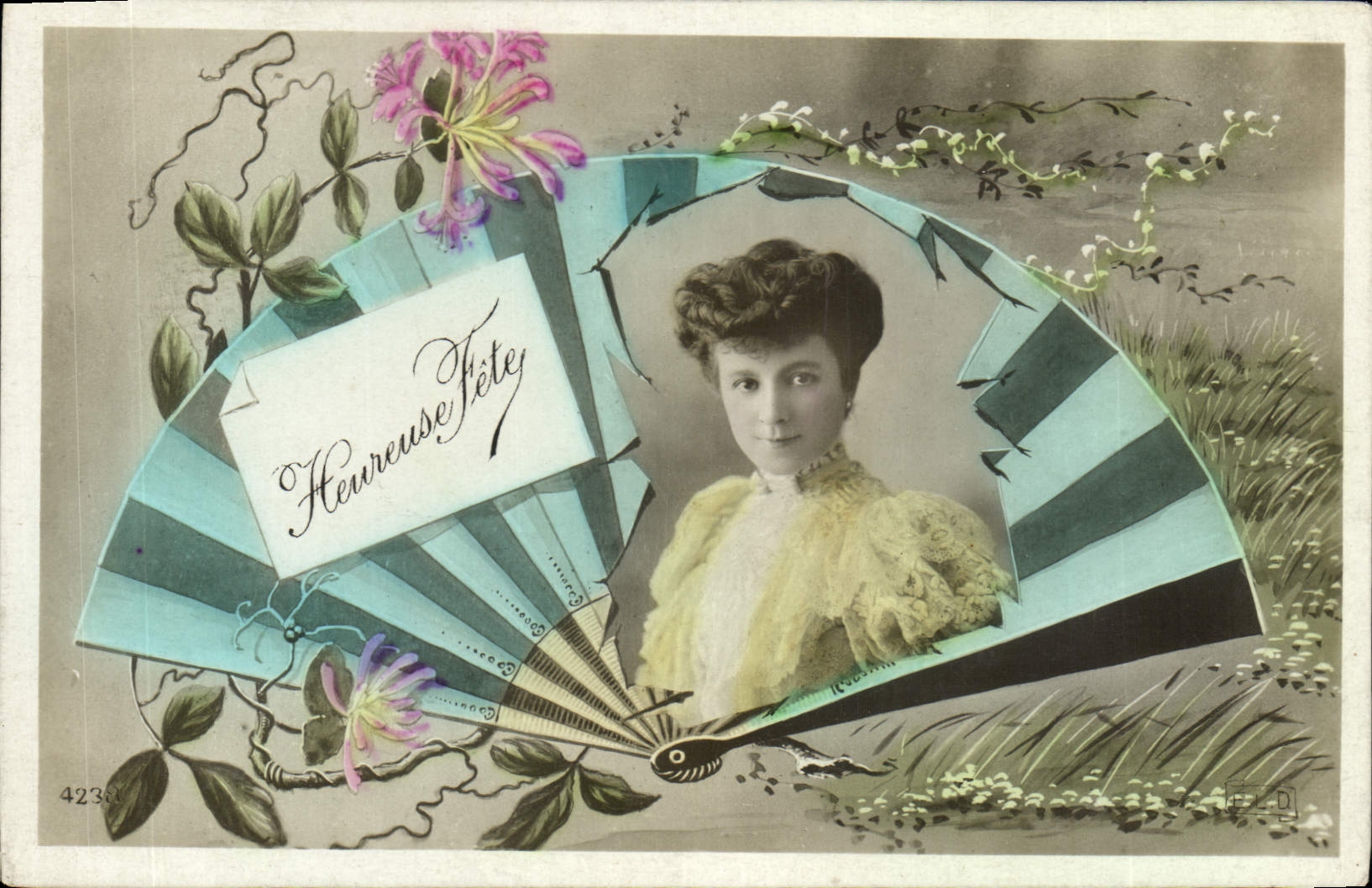 Femme en buste — fan décoratif avec inscription 'Heureuse Fête' — éditeur non identifié, n° 4238