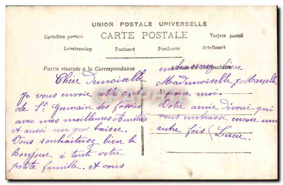 Je vous envoie cette carte de St Germain des fossés — couple en scène — E.N. n°228 — Back