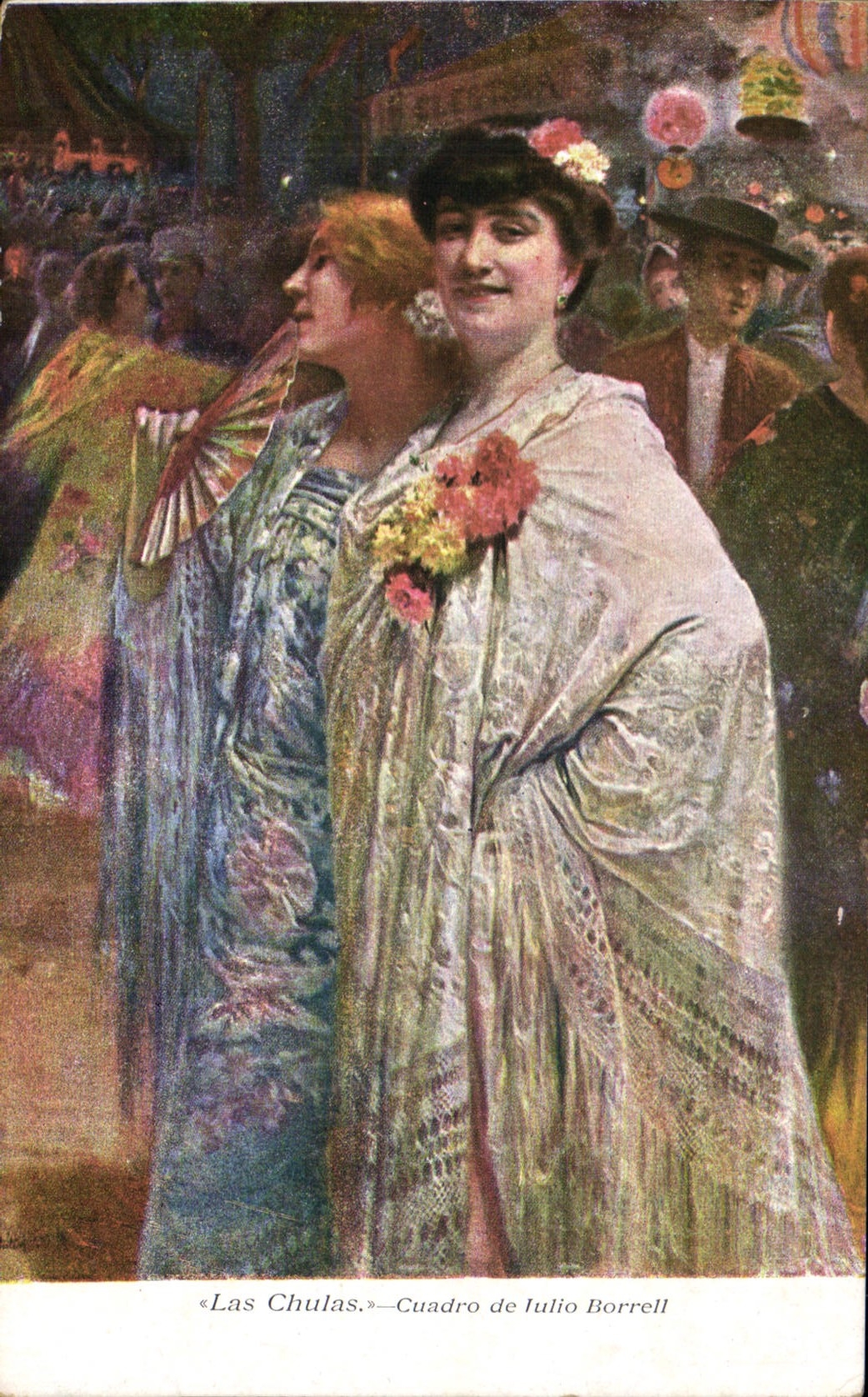 CPA Fantaisie Femme Eventail la Chulas Cuadro de Julio Borrell