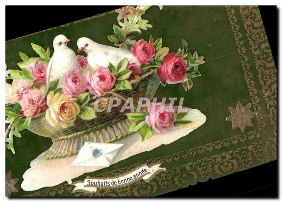 Deux colombes dans un panier de roses — Souhaits de bonne année — Carte postale ancienne