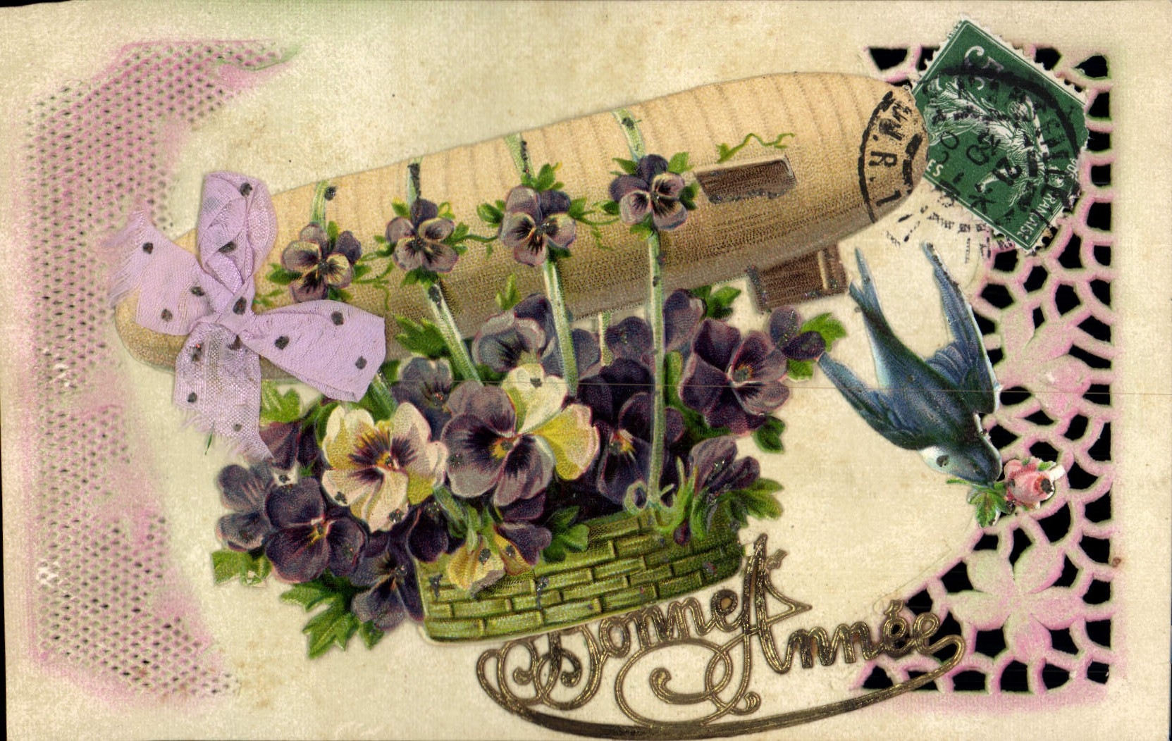 Bouquet de pensées — Année Nouvelle — Carte postale multilingue - Anverso