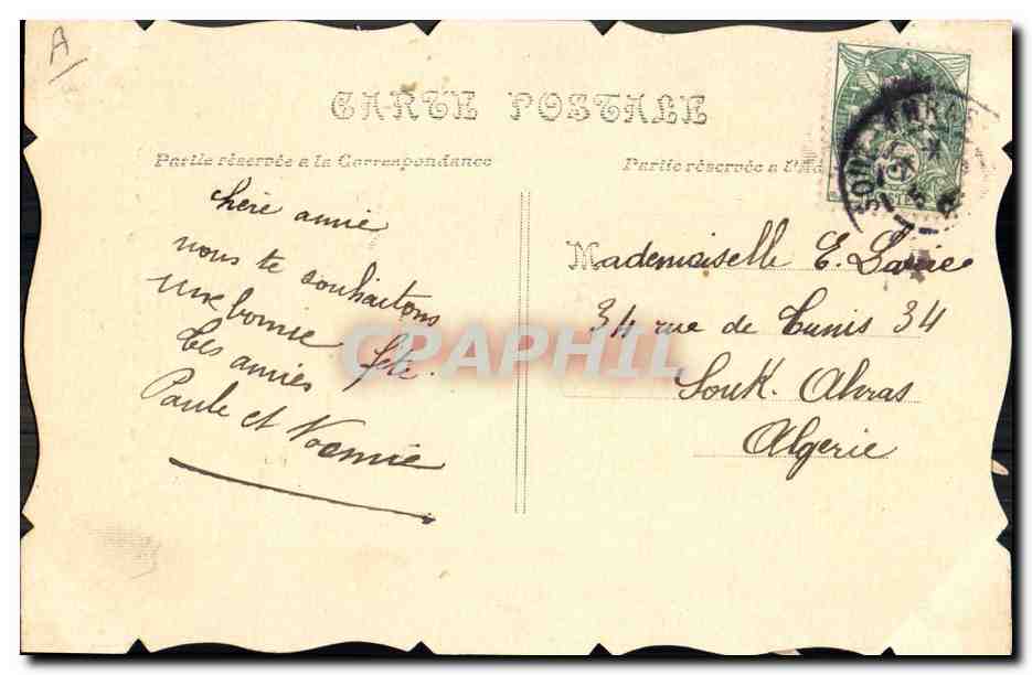 Deux hirondelles tenant un ruban — quatre feuilles de trèfle — éditeur non visible — Verso