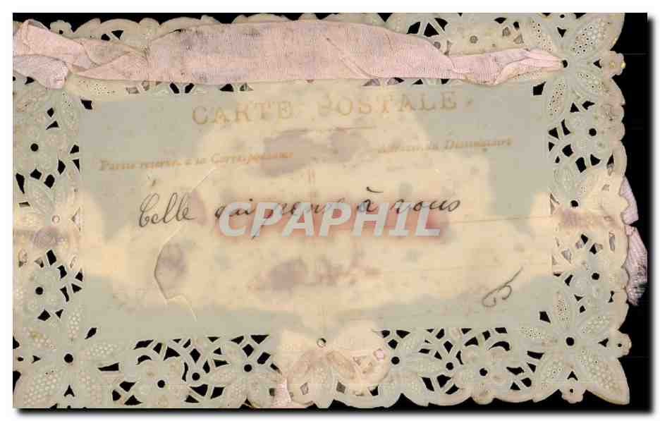 Tarjeta postal antigua — decorada con encaje, cintas y flores — editada por C. Gaged — Reverso