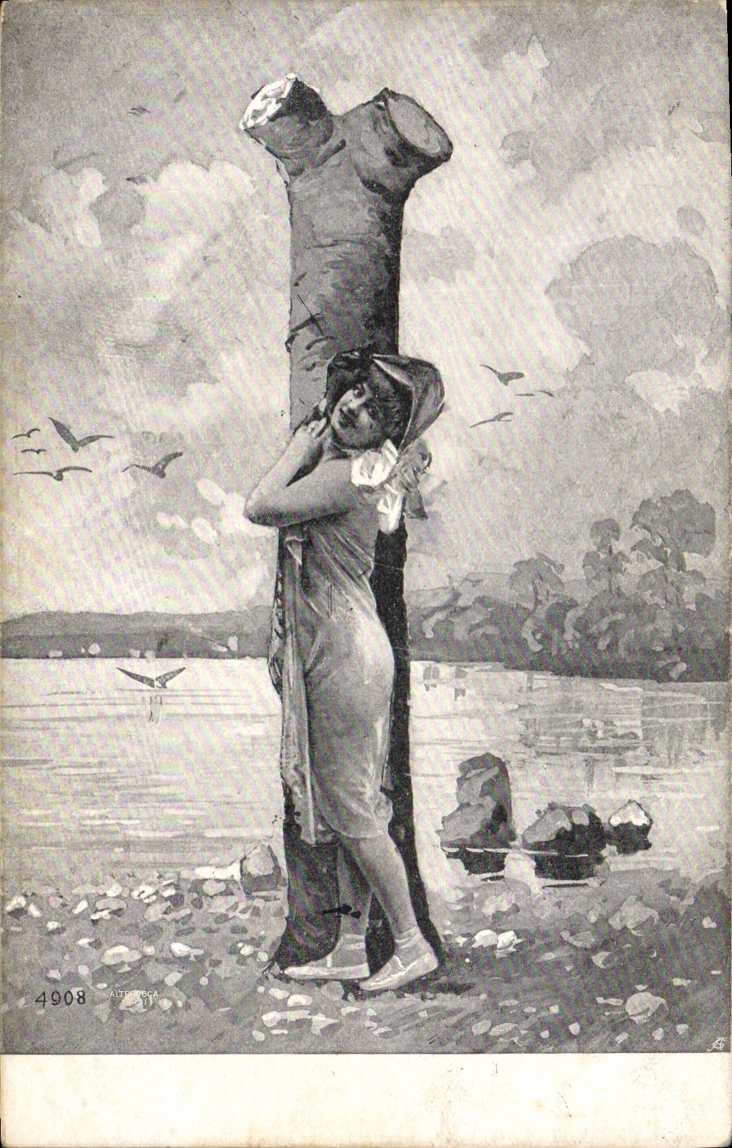 Femme embrassant un poteau — illustration — éditeur Artéga, n° 4908