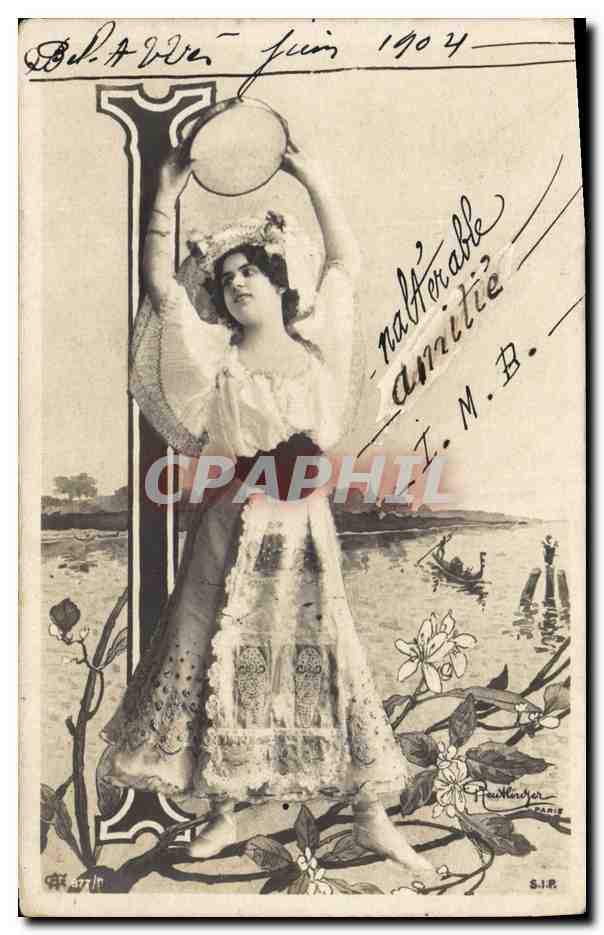 Femme en costume de danseuse — scène de rivage — éditeur Feu Wlinder, Paris, n° 477