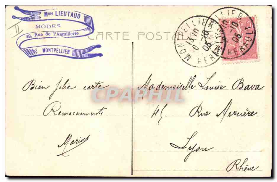 Montpellier — Vue du port avec un homme embrassant un pilier — éditeur CPAPHIL, n° 4908 — Back