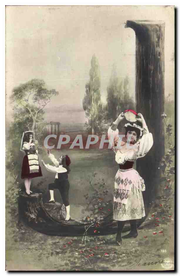 Scène de vie — trois personnages en costume traditionnel — éditeur Jannin, n° 195