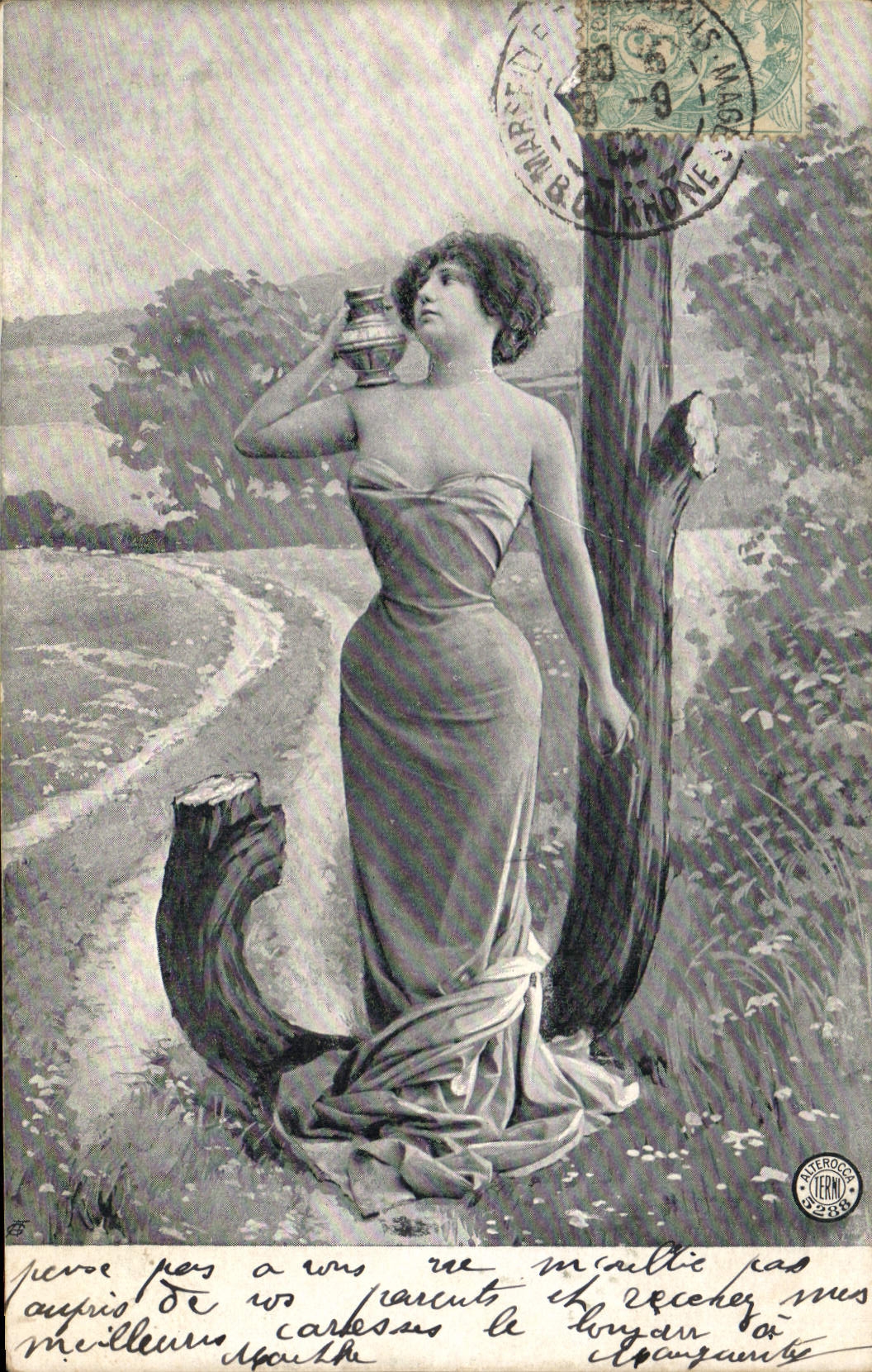 Jeune femme à un vase — scène champêtre — Atelier de Fernand Paterroch (n° 32850)