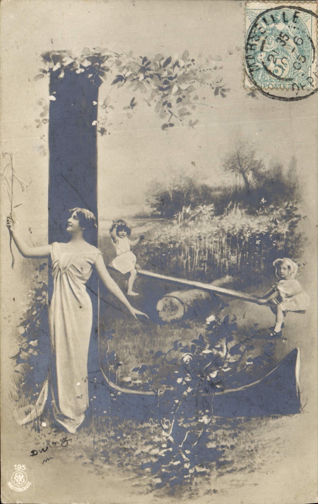 Femme et enfants jouant à la balançoire — scène de jardin — éditeur DWING, n°195