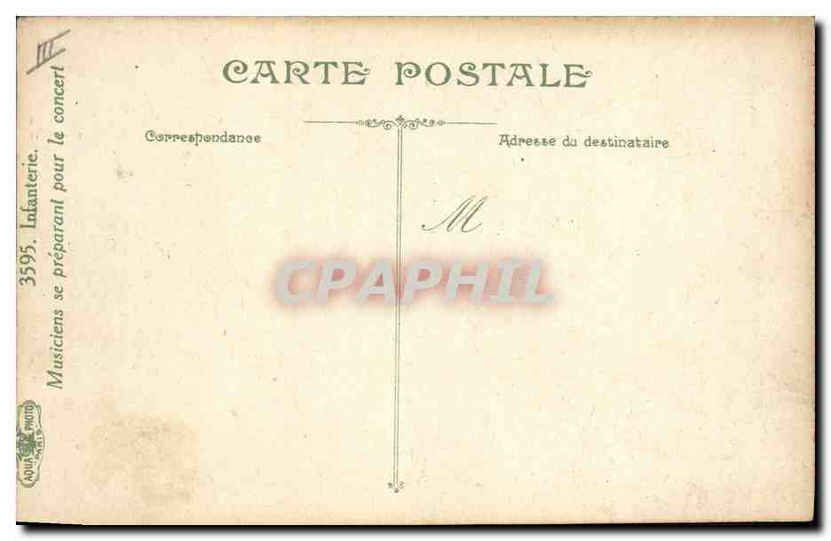 Musiciens se préparant pour le concert — Infanterie — éditeur Aquitaine, n° 3595 — Verso