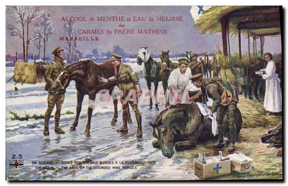 Pflege von verletzten Pferden im Krieg — Mentholalkohol und Melissenwasser der Carmeliten des Bruders Mathias, Marseille