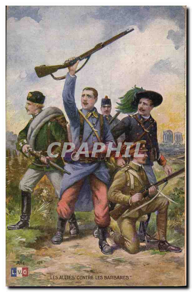 CPA Militaria Les allies contre les barbardes 