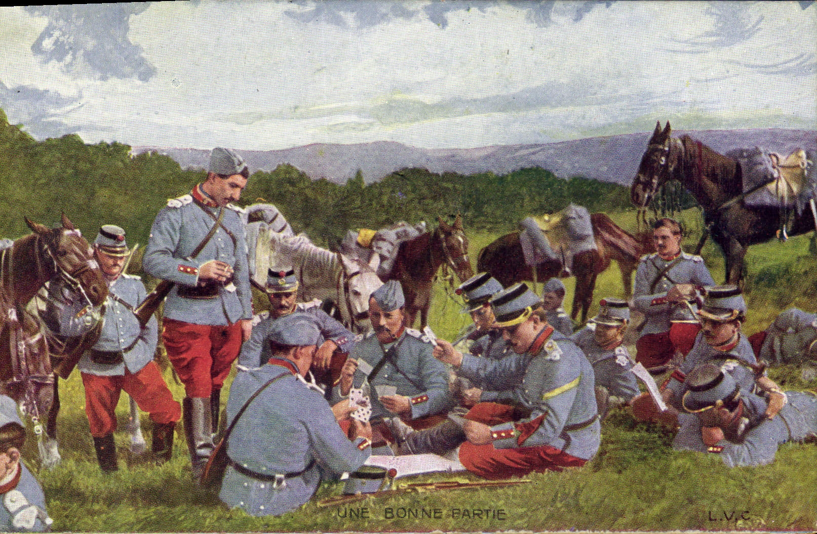 Soldats allemands jouant aux cartes — Une bonne partie — L.V.C.