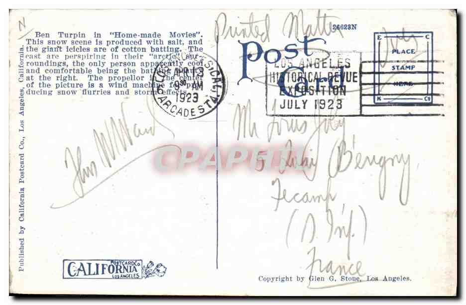 CPA Cinema Faking a snow scene in Tropical California Mack Sennett Studios Edendale TOP  — Verso