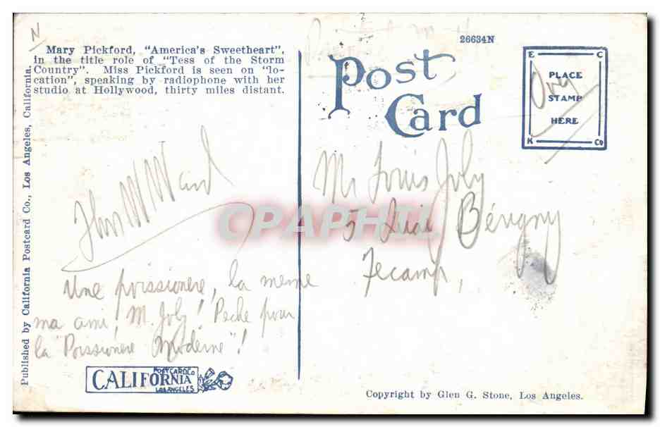 CPA Cinema Mary pickford Fairbnaks Studios Hollywood TOP  — Verso