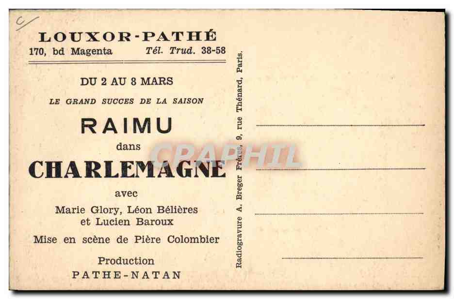 CPM Cinema Charlemagne Louxor Pathe Raimu Marie Glory Meon Belieres lucien Baroux Piere Colombier  — Verso