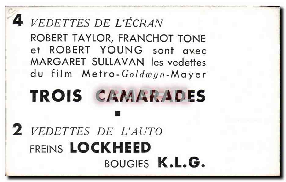 CPM Cinema Robert Taylor Franchot Tone Robert Young Margaret Sullavan Trois Camarades  — Verso