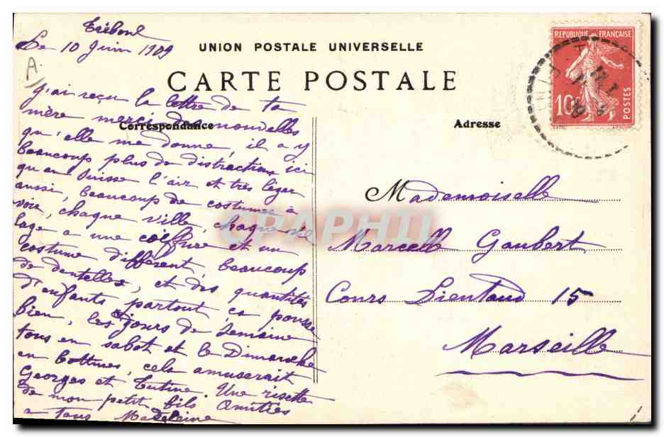 CPA Folklore Jeune fille des environs de Quimper — Verso