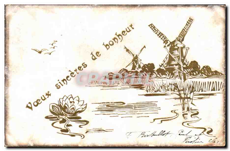 CPA Fantaisie Fleurs Moulin a vent 