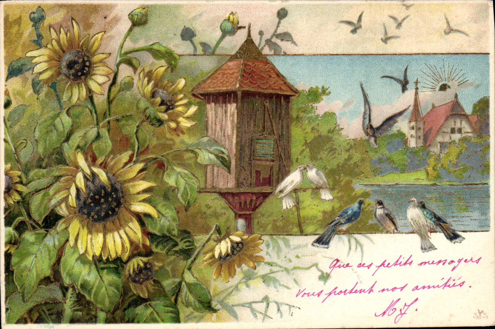 CPA Fantaisie Fleurs Oiseaux Colombes 