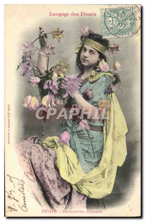 CPA Fantaisie Langage des Fleurs Femme Tulipe 