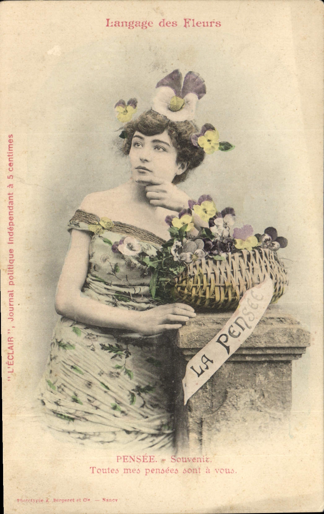 Femme avec panier de pensées — Langage des Fleurs — Phototype J. Bergeret et Cie, Nancy