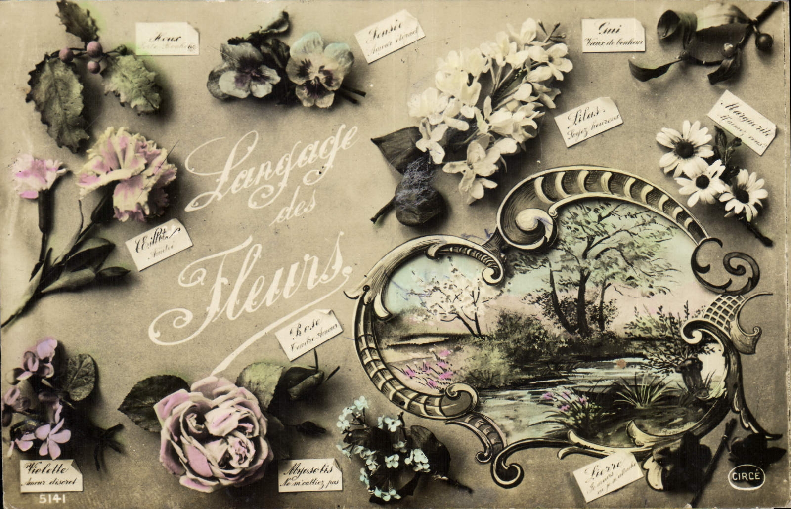 Langage des Fleurs — Carte illustrée avec bouquet de fleurs et paysage — Éditeur CIRCÉ, n° 5141