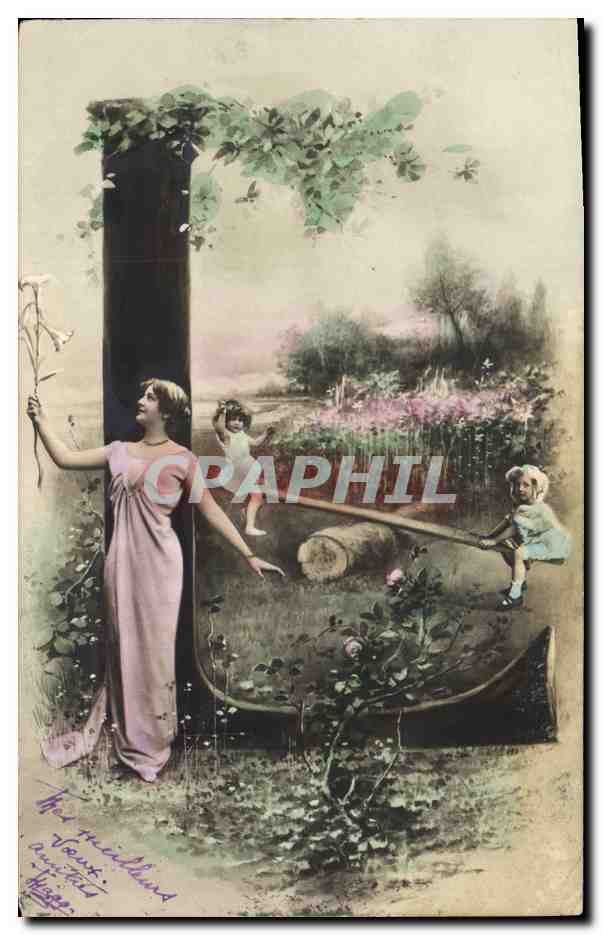 Femme et enfants dans un jardin — illustration — éditeur non visible