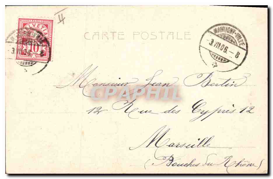 Femme en robe longue — jardin avec cyprès et bâtiment — éditeur AUBERROCK, n° 4909 — Rückseite