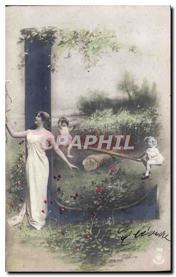Femme et enfants dans un jardin — illustration — Éditeur G. Leveure, n° 192