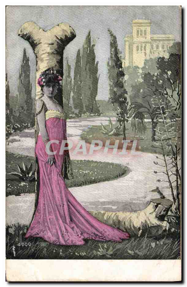 Femme en robe rose — jardin avec bâtiment en arrière-plan — série 4909, éditeur Léon Delaunay