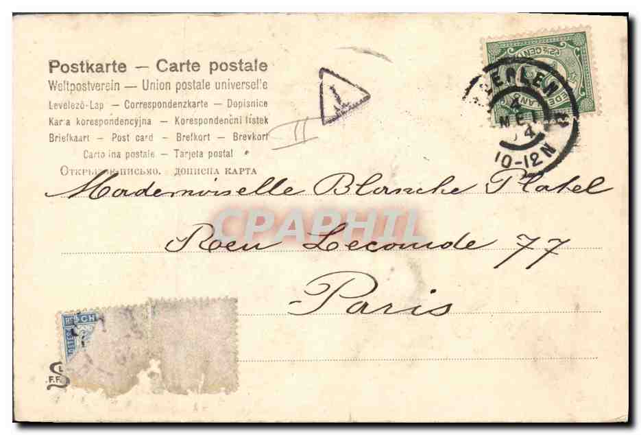 Scène de couple en costume historique — éditeur L. C. P. (L. C. P. 1900-1910) — 'Salut à Bonile' — Verso